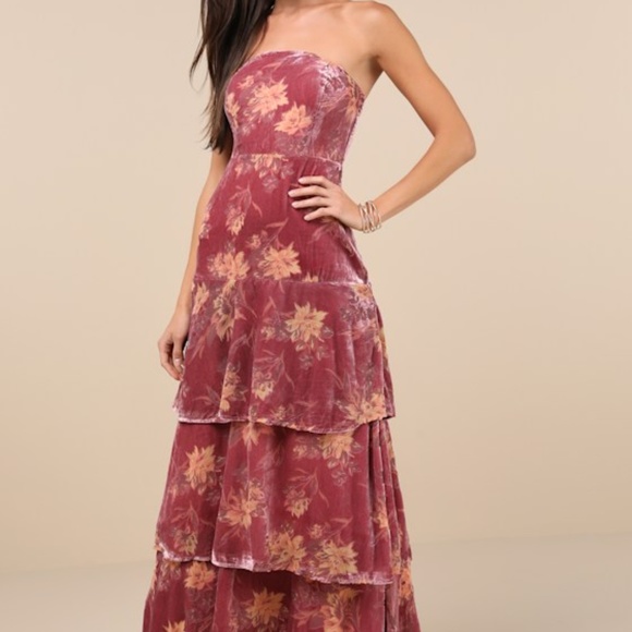 Lulus Real Allure Rose Pink Floral Burnout Velvet Strapless Maxi Dress - Size M - Picture 1 of 4